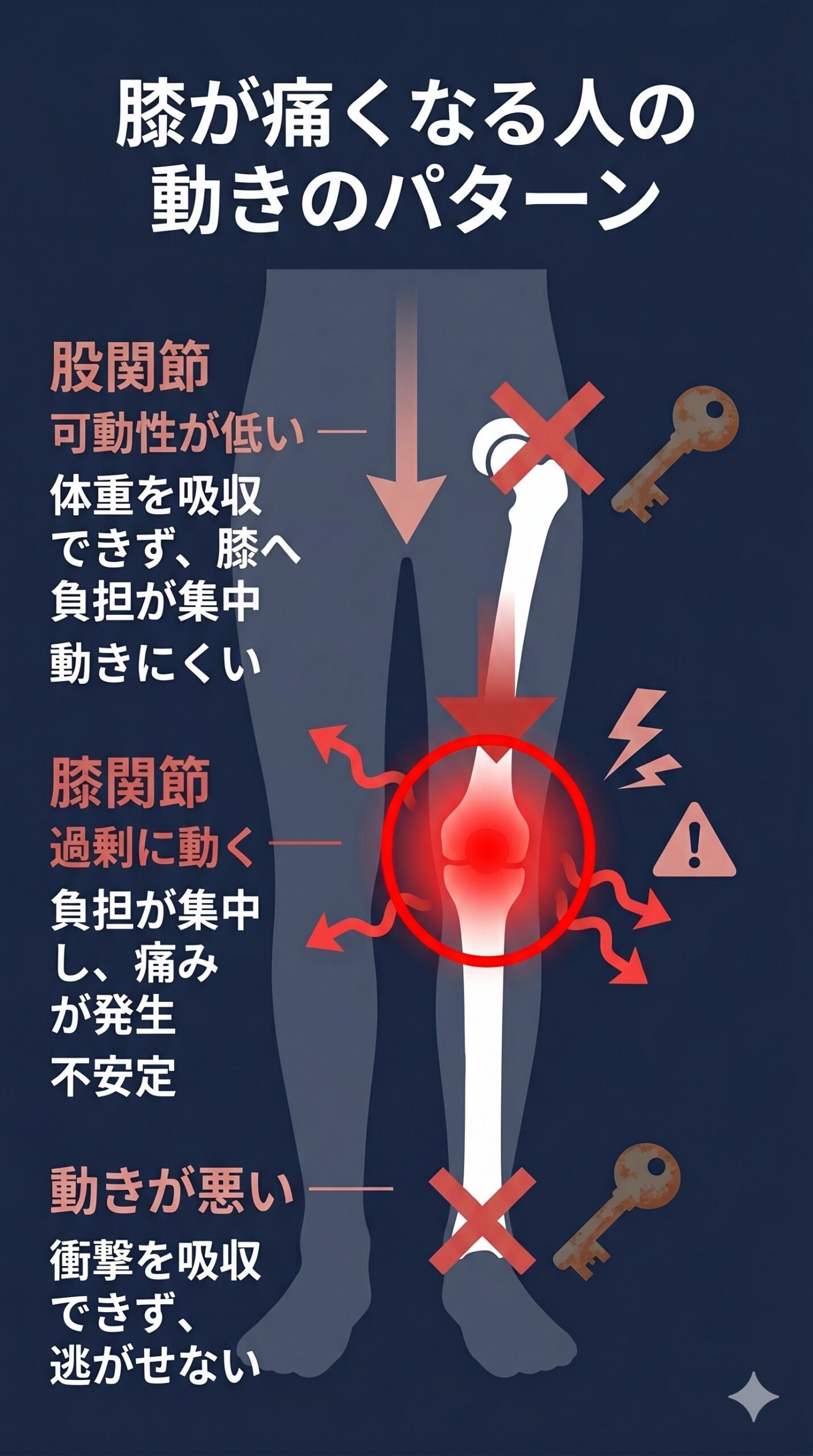 膝が痛くなる人の動きパターン - 膝への負担集中